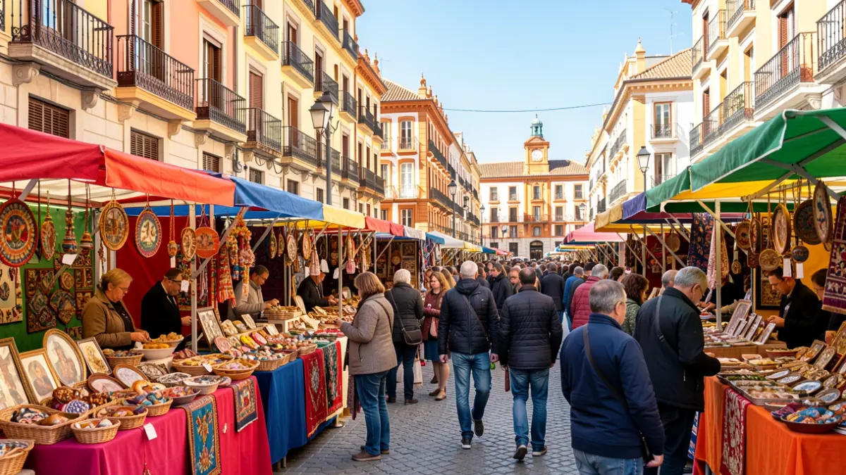 Imagen genérica de un mercado artesanal en Madrid con puestos de comida y artesanía.