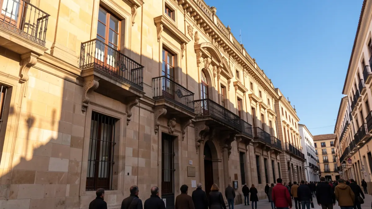 Facade of a traditional Madrid town hall with a balcony and iron railings, warm afternoon light.