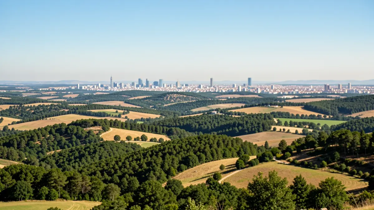 Imagen genérica del paisaje de la Comunidad de Madrid, combinando naturaleza y siluetas urbanas.