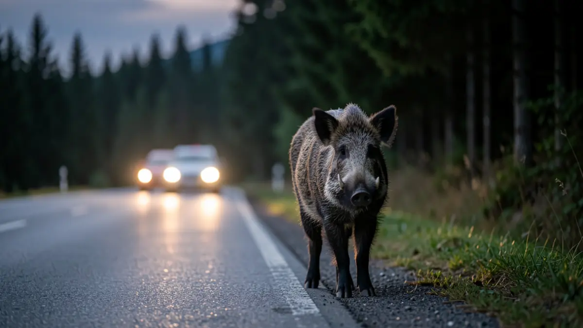 A wild boar on the edge of a road at dusk, with blurred vehicle lights.