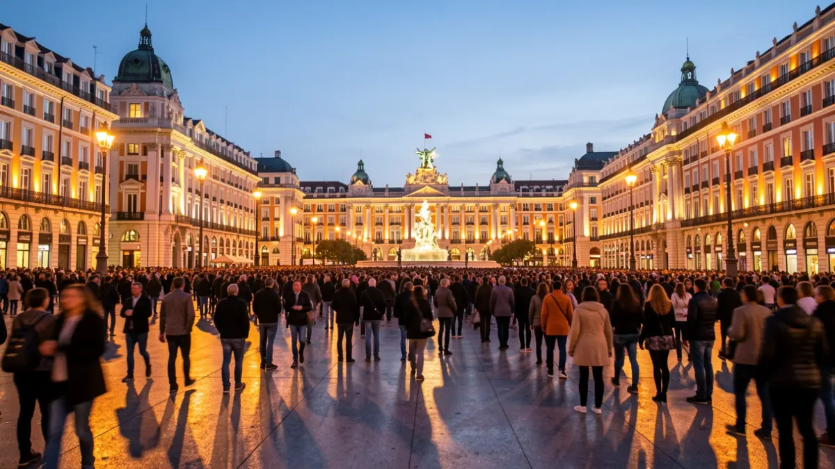Generic image of Plaza de Cibeles in Madrid during a large event at dusk.