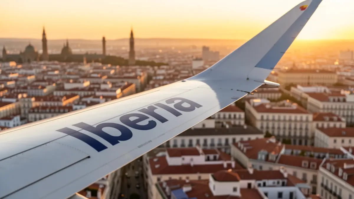 Ala de avión de Iberia sobrevolando Madrid al atardecer.