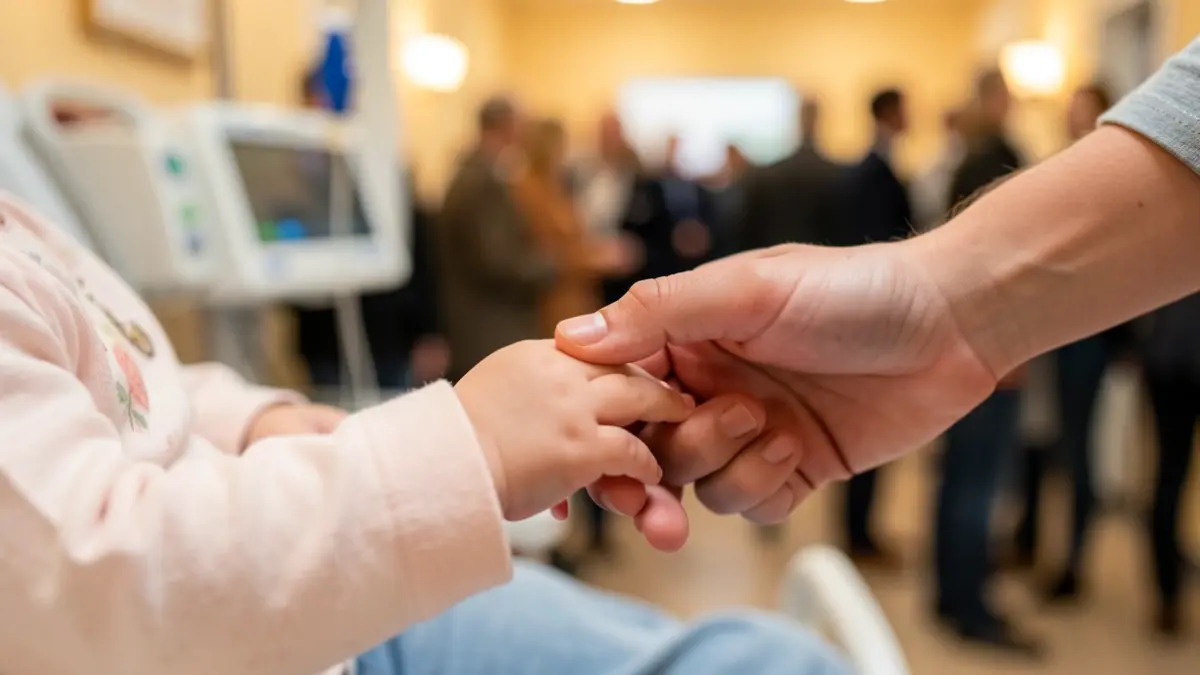 Close-up of a baby's hand holding an adult's finger, with a blurred background and warm light.