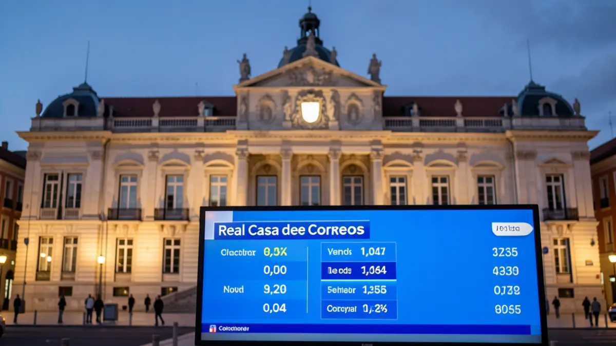 Fachada de la Real Casa de Correos en Madrid con pantallas de resultados electorales.