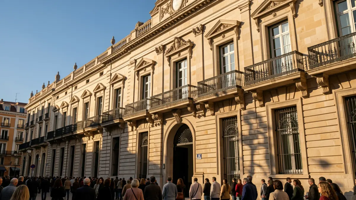 Fachada de un ayuntamiento de Madrid con balcones ornamentados y barandillas de hierro, bajo la luz cálida del sol de la tarde.