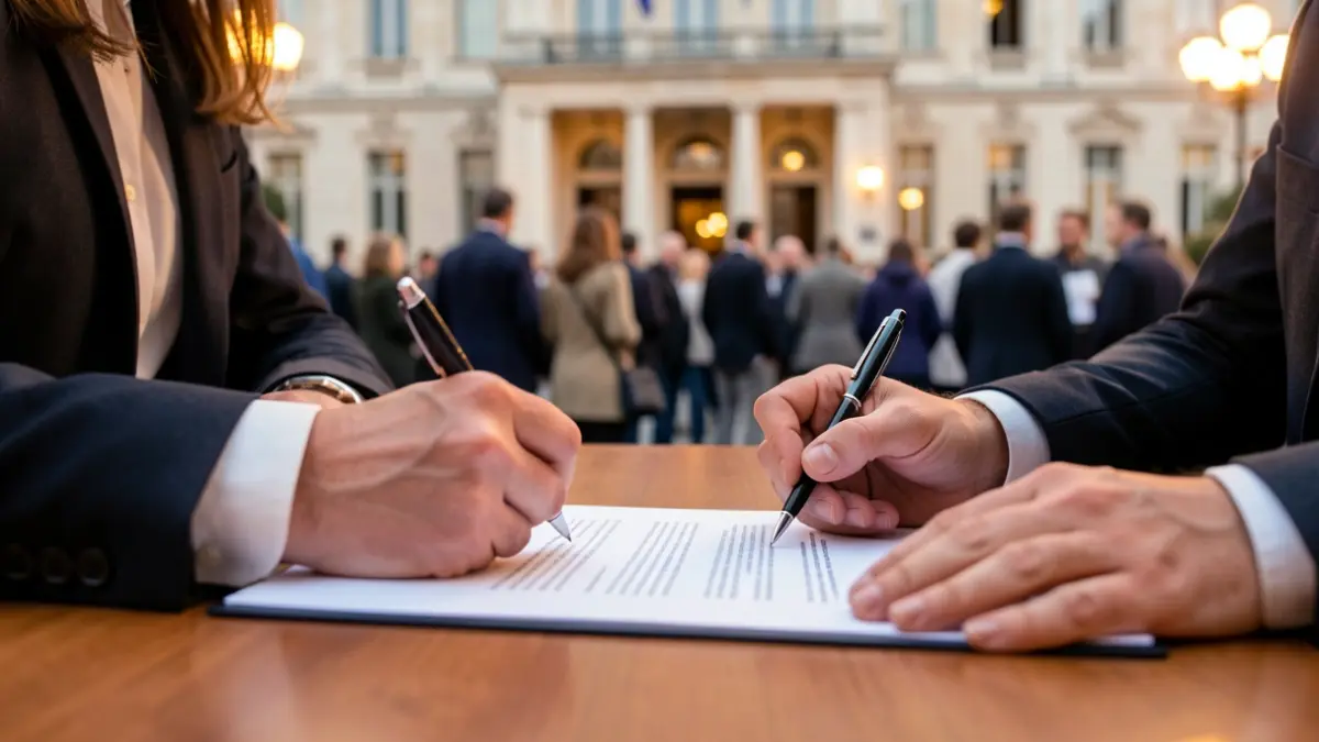 Hands signing an agreement between the Community of Madrid and the Madrid City Council.
