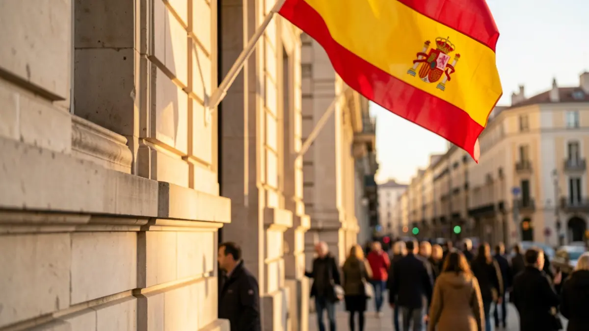 Detail of a government building facade in Madrid with the Spanish flag.