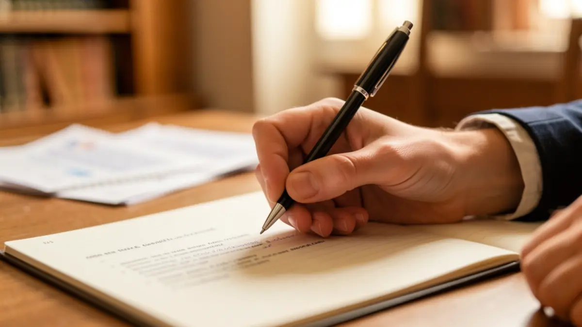Close-up of a university student's hand writing on a notebook with blurred financial aid forms in the background.