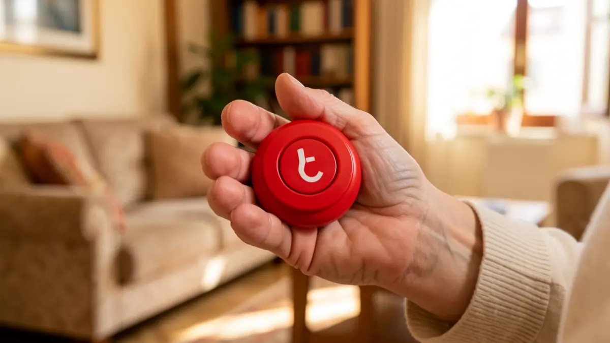 Close-up of a senior citizen's hand holding an emergency teleassistance button.