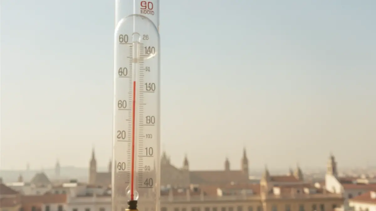Thermometer showing over 40 degrees with the Madrid skyline in the background under a scorching sun and haze.
