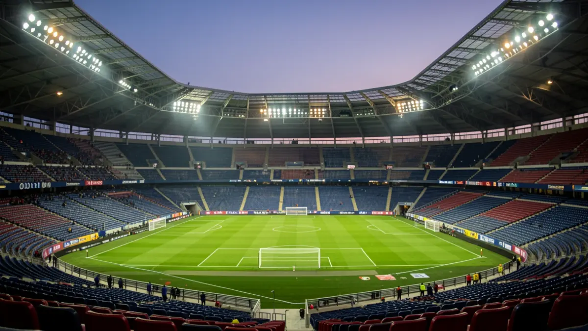 Imagen genérica de un estadio de fútbol al atardecer, con gradas vacías y focos encendidos.