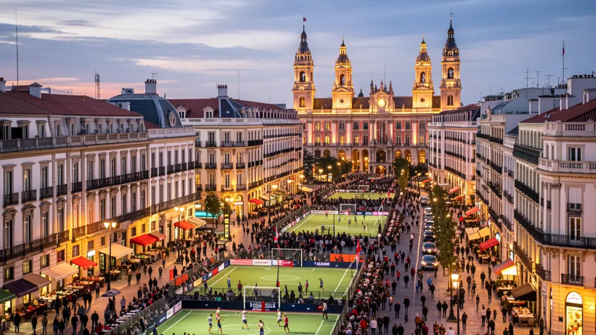 Generic image of Madrid city with illuminated buildings at dusk.