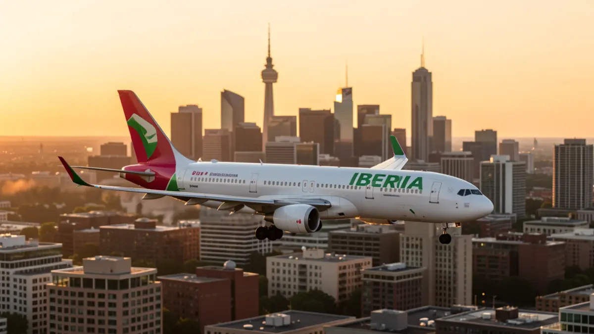 Avión de Iberia volando hacia Toronto al atardecer.