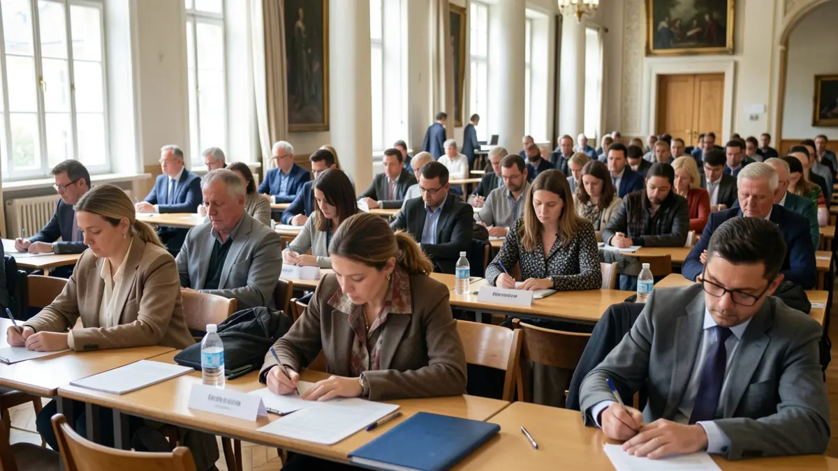 Generic image of candidates taking an exam in a large hall.