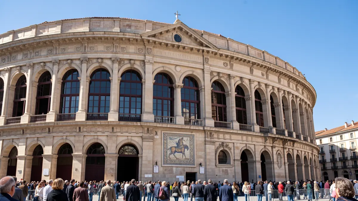 Facade of the Las Ventas bullring in Madrid with a commemorative tile.