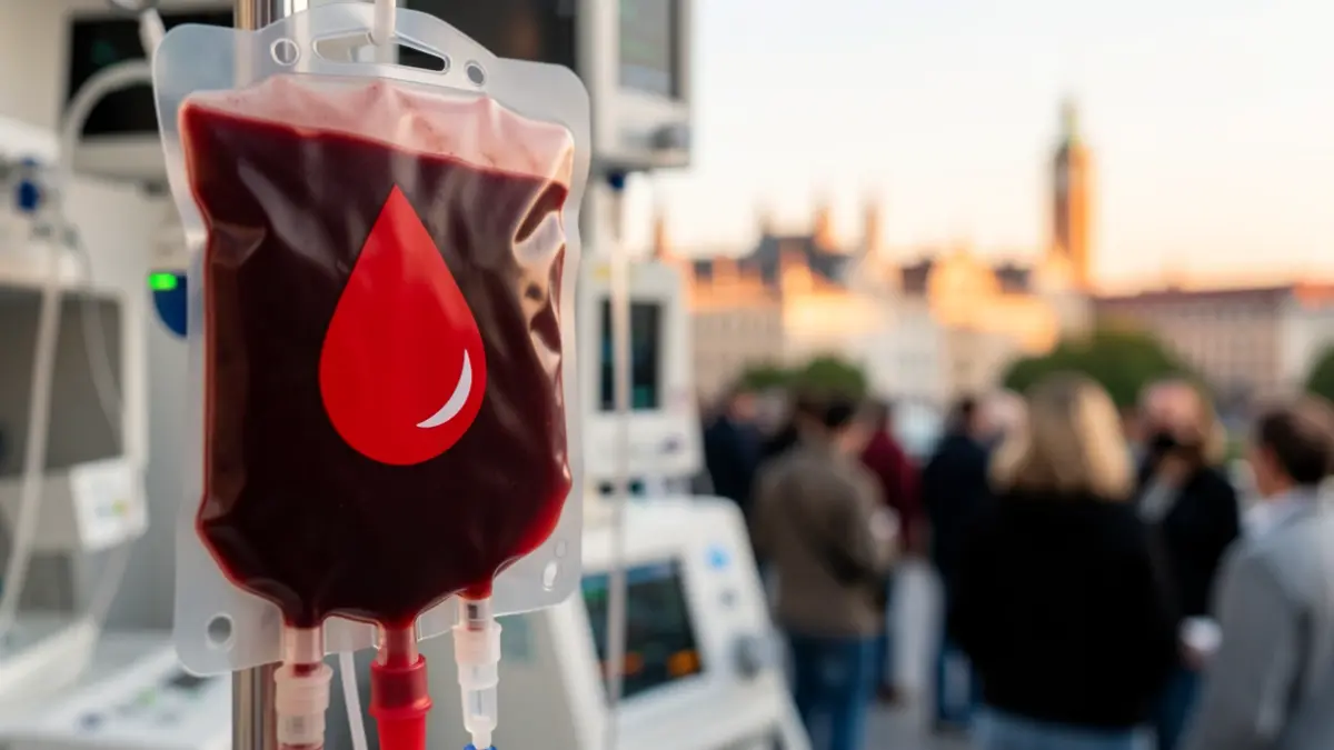 Blood bag with a red drop symbol, against a blurred background of medical equipment and the Madrid skyline.