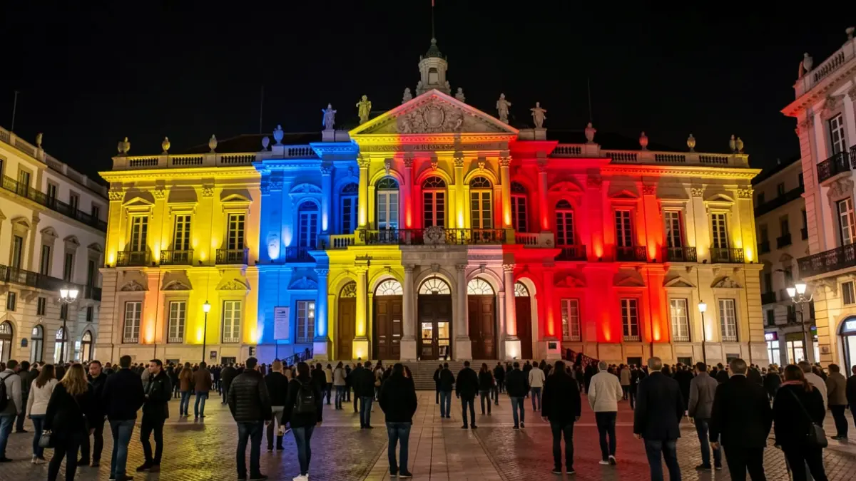 Fachada de la Real Casa de Correos iluminada con los colores de Venezuela.