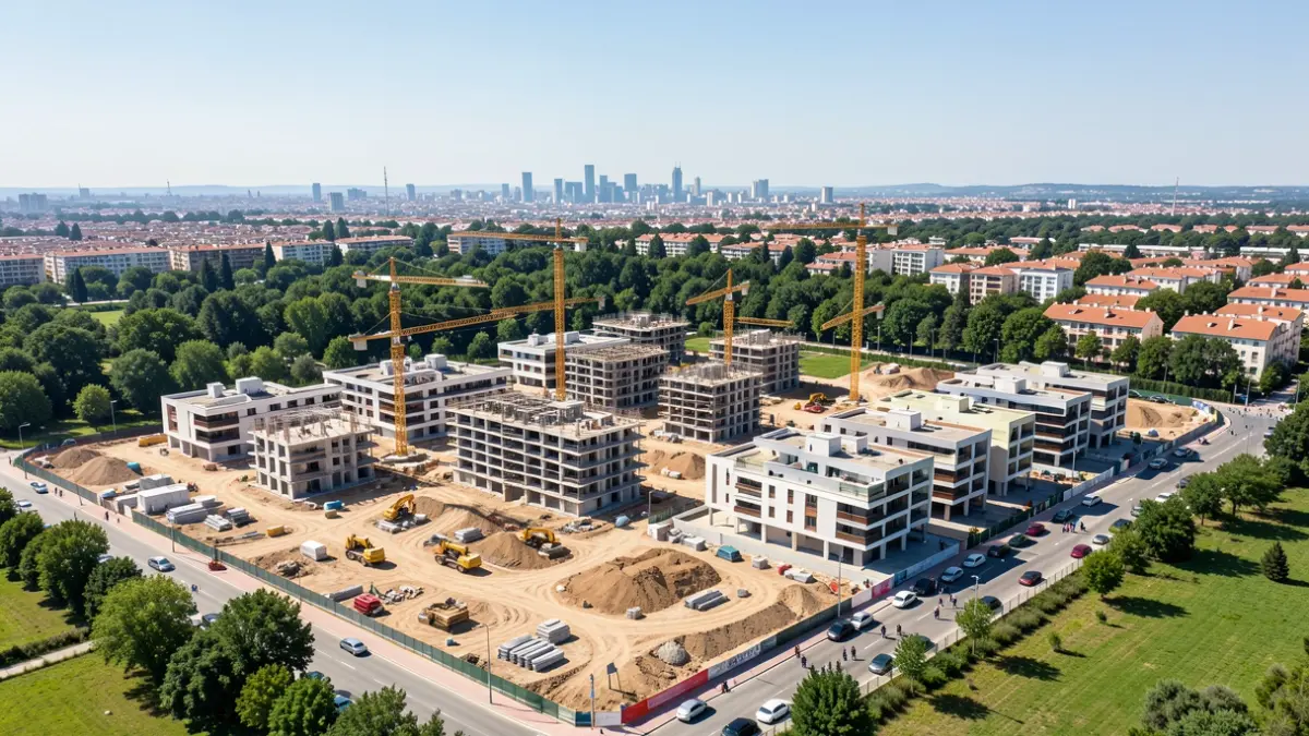 Vista aérea de una promoción de viviendas en construcción en Madrid.