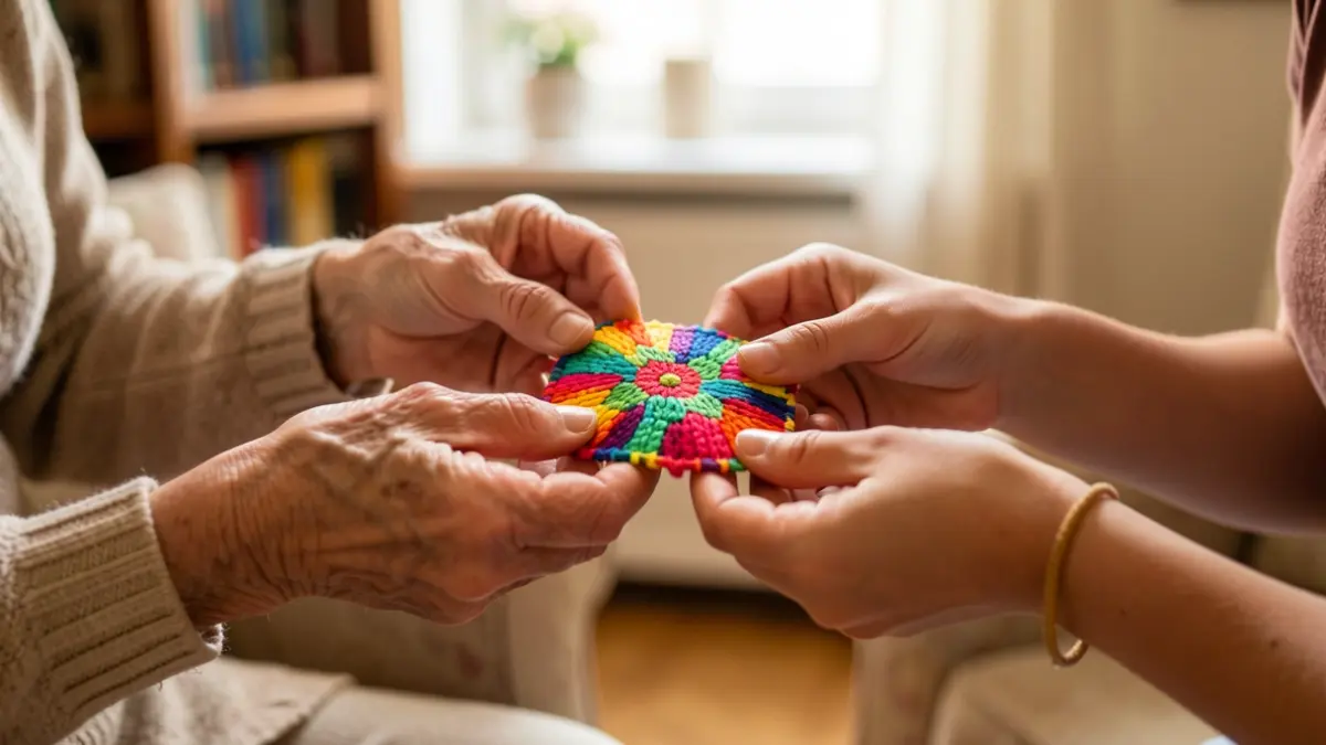 Elderly and young hands creating a craft together in an intergenerational program.