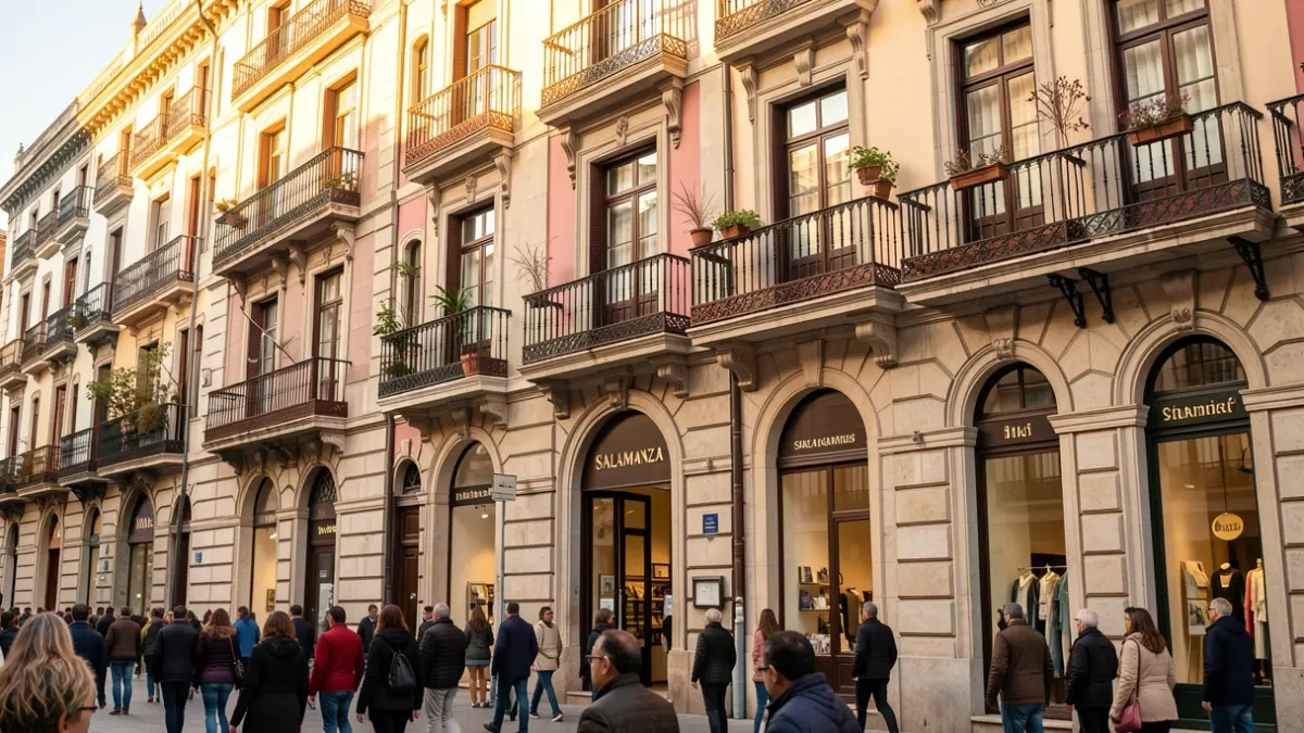 Fachada de un edificio emblemático en el Barrio de Salamanca, Madrid, con tiendas y balcones.