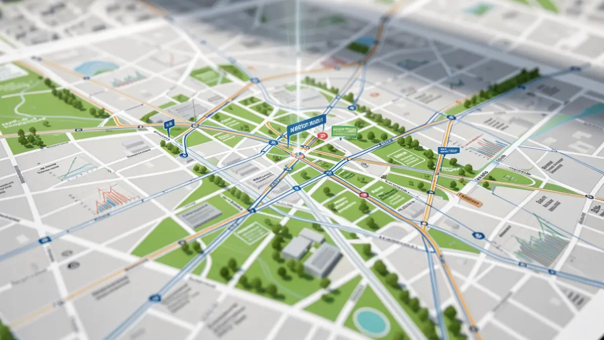 Mapa conceptual de la planificación urbana y de transporte de Madrid, destacando redes de movilidad y sostenibilidad.