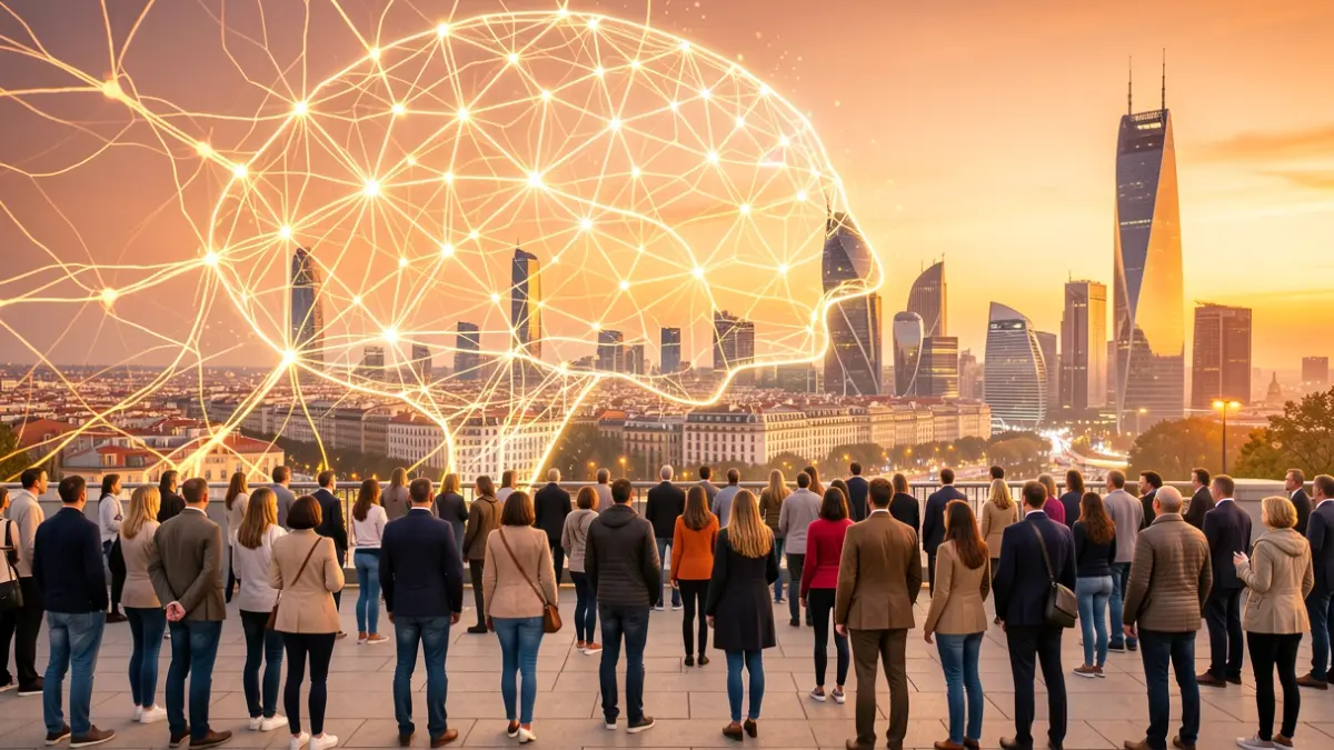 Generic image of artificial intelligence and neural networks with a silhouette of Madrid in the background.