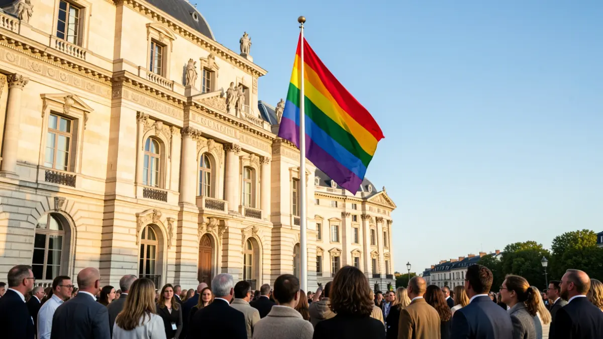 Generic image of a rainbow flag being raised in front of an institutional building.