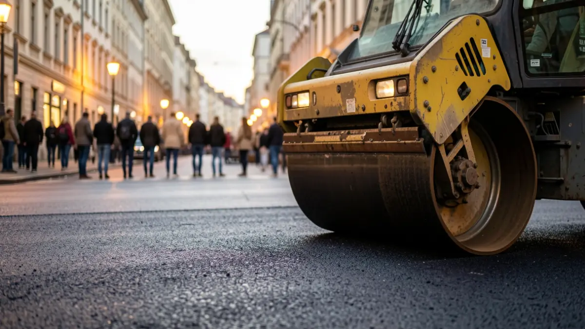 Asphalt paving machine working on a Madrid street.
