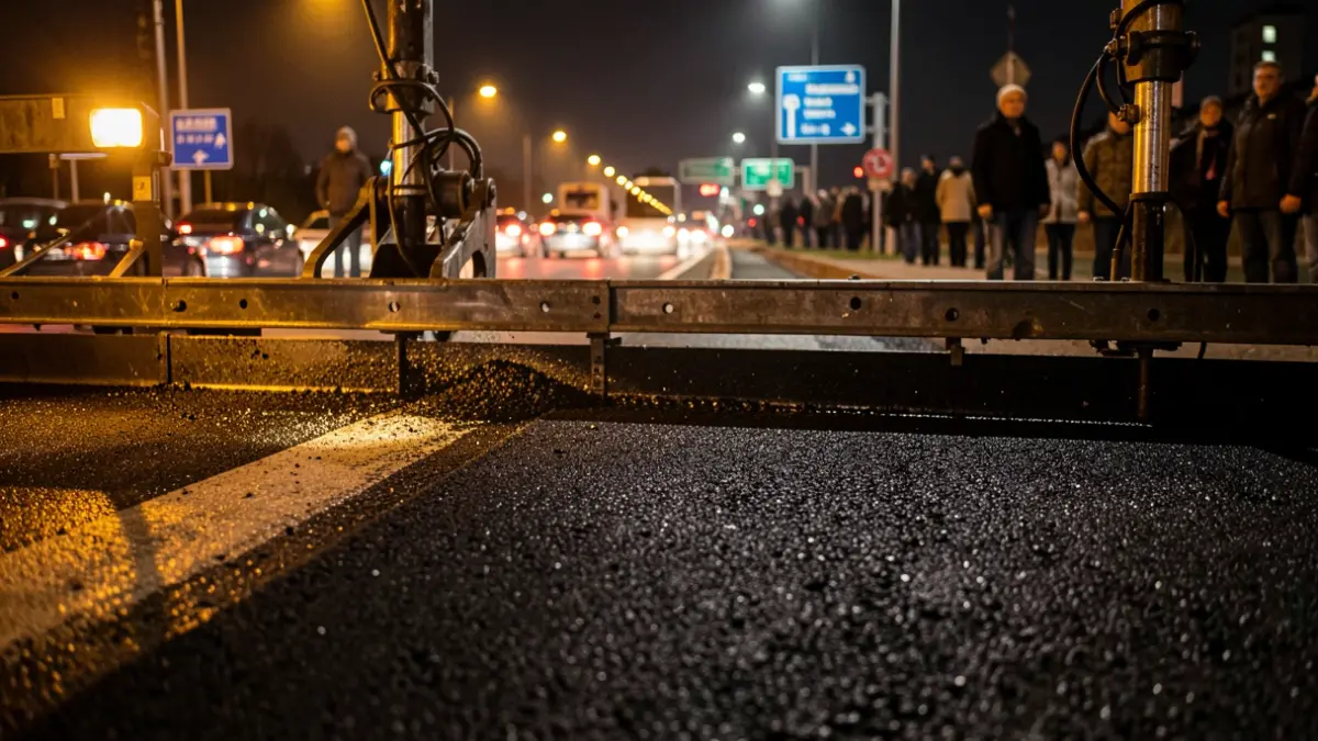Generic image of night asphalt paving works on a highway.