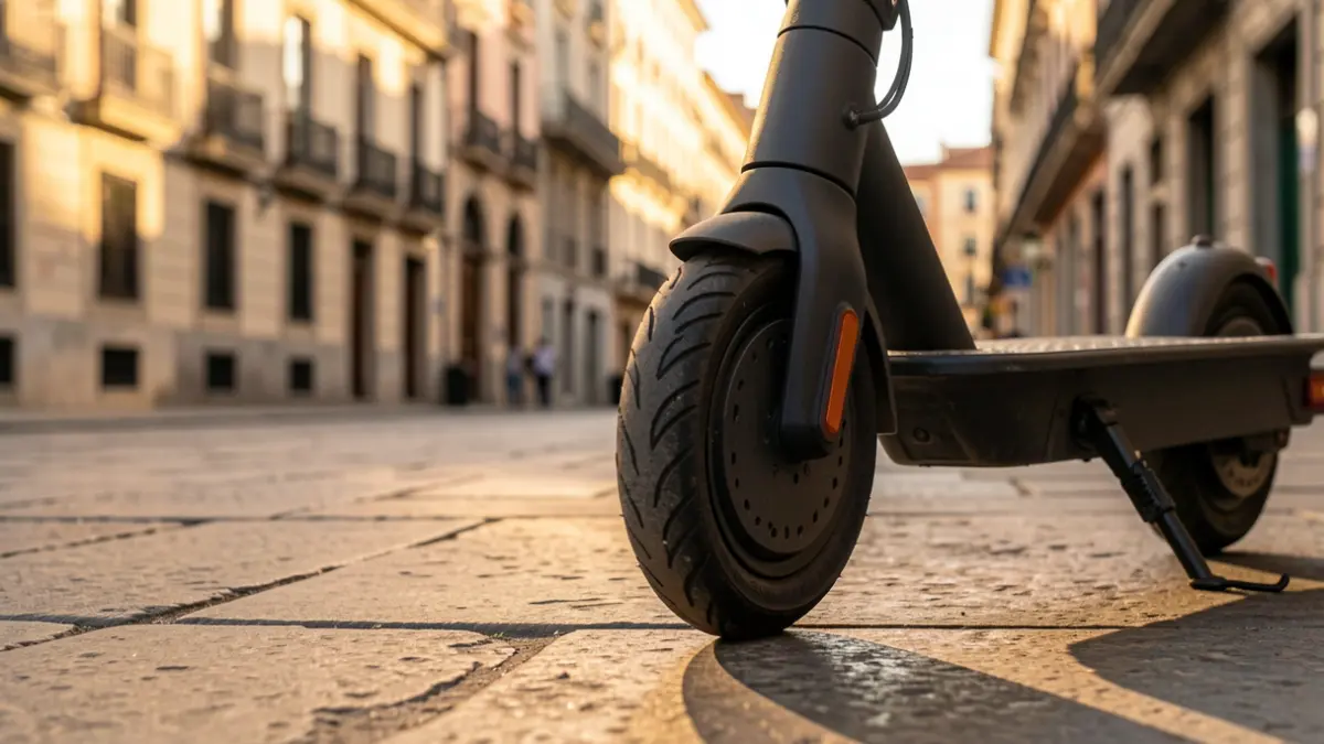 Imagen genérica de un patinete eléctrico aparcado en una calle de Madrid al atardecer.