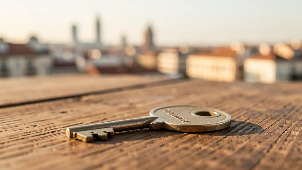 House key on a wooden table with the Madrid skyline blurred in the background.