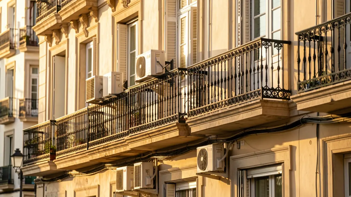 Fachada de un edificio madrileño con elementos de mejora urbana.