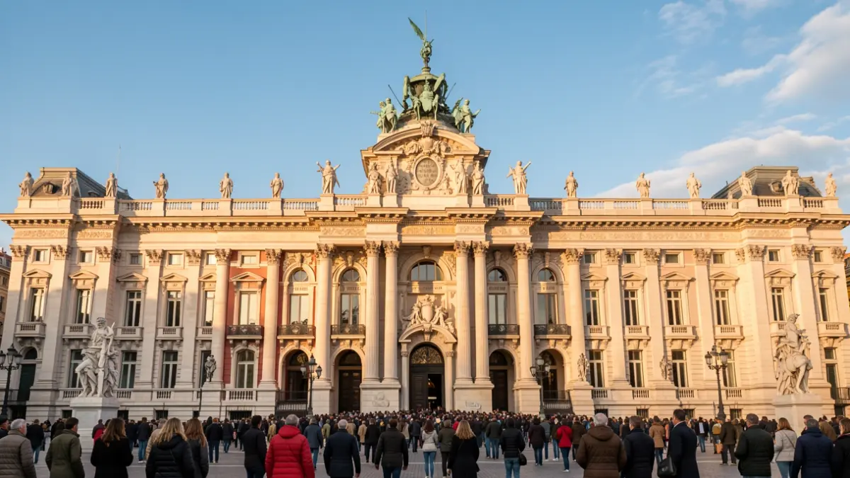 Fachada del Palacio de Cibeles, sede del Ayuntamiento de Madrid, bajo el sol de la tarde.