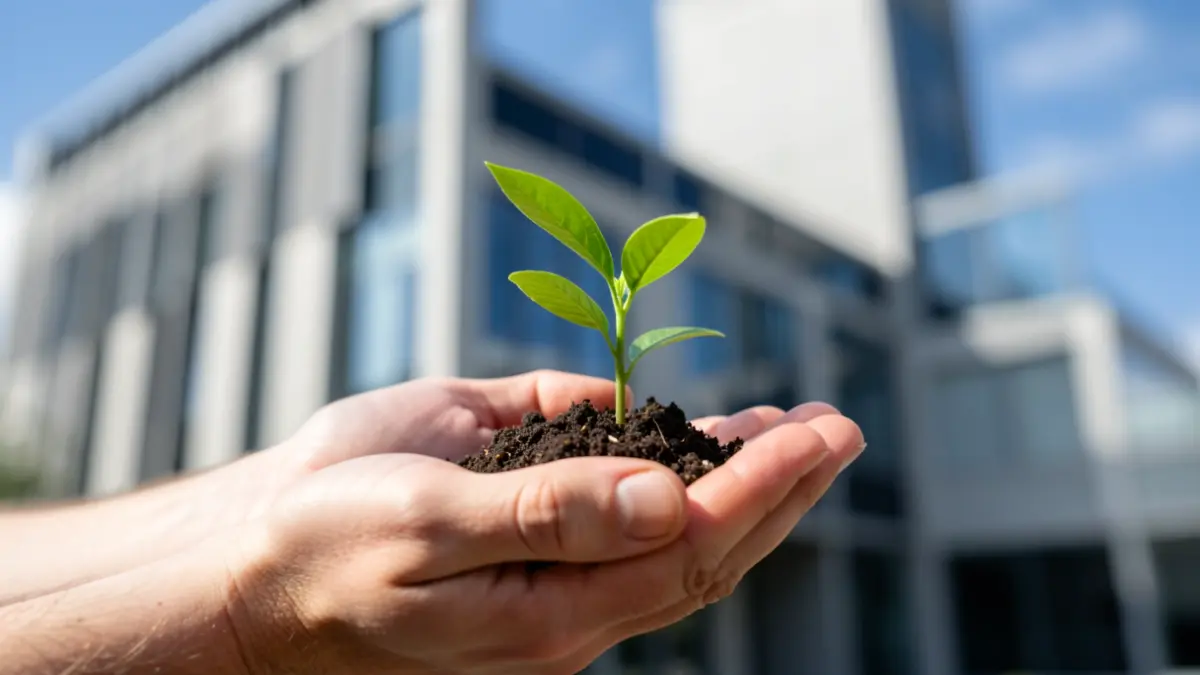 Imagen genérica de una mano sosteniendo una planta pequeña, con un edificio moderno desenfocado al fondo.