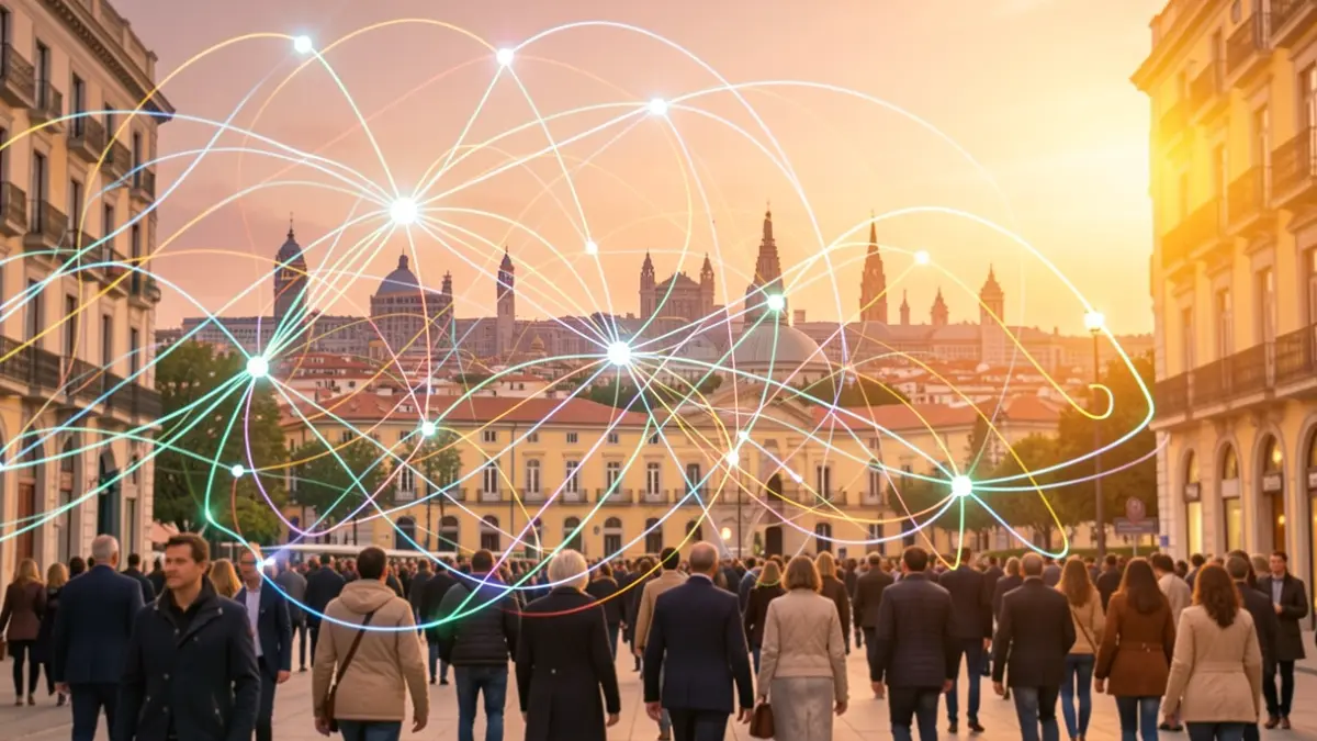 Imagen abstracta de redes de inteligencia artificial y datos con el skyline de Madrid de fondo.