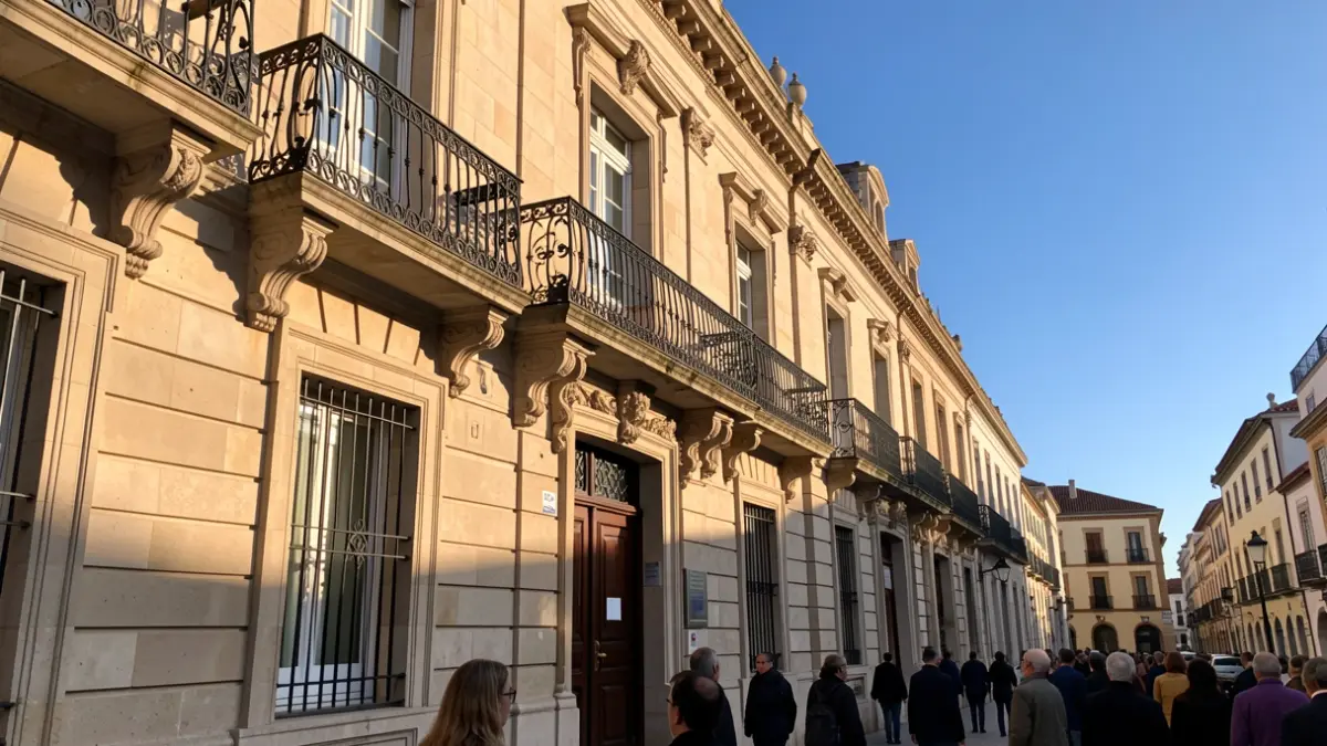 Facade of a town hall in the Community of Madrid with a balcony and iron railings, afternoon sunlight.