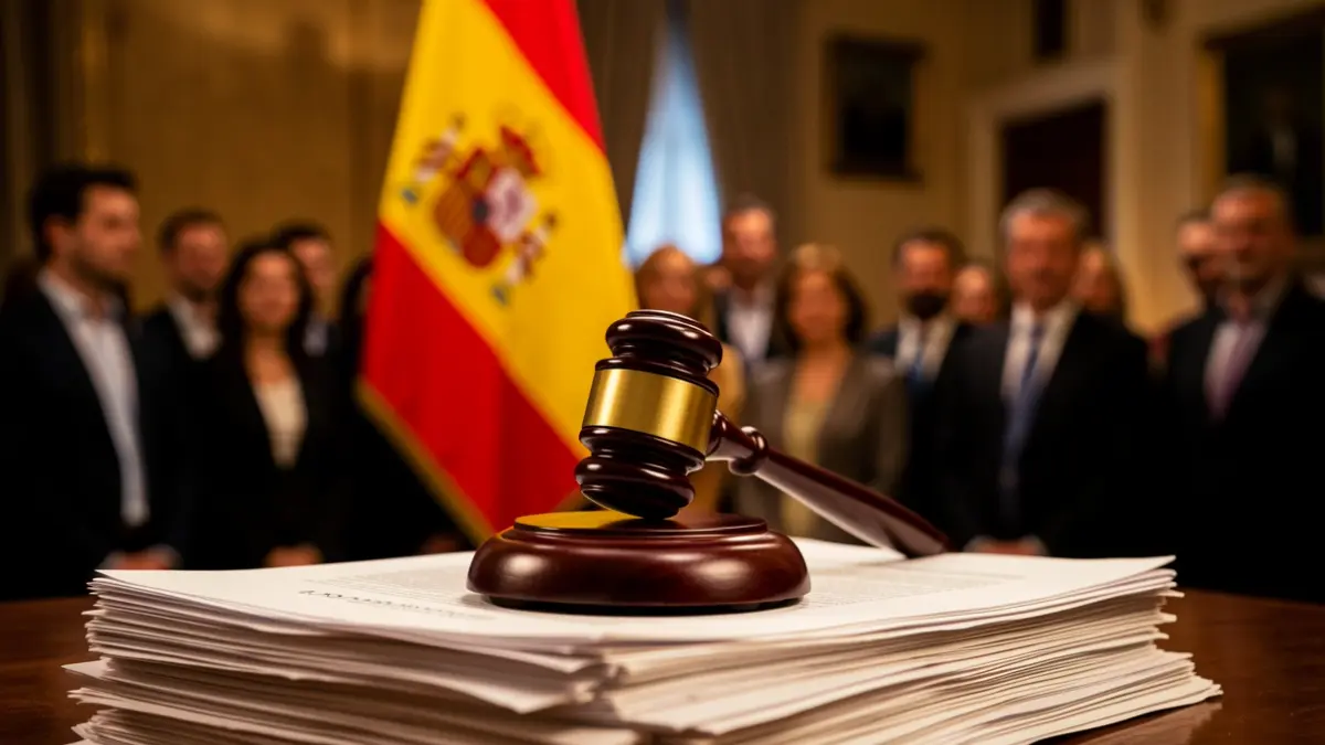 Generic image of a judge's gavel on legal documents with a blurred Spanish flag.