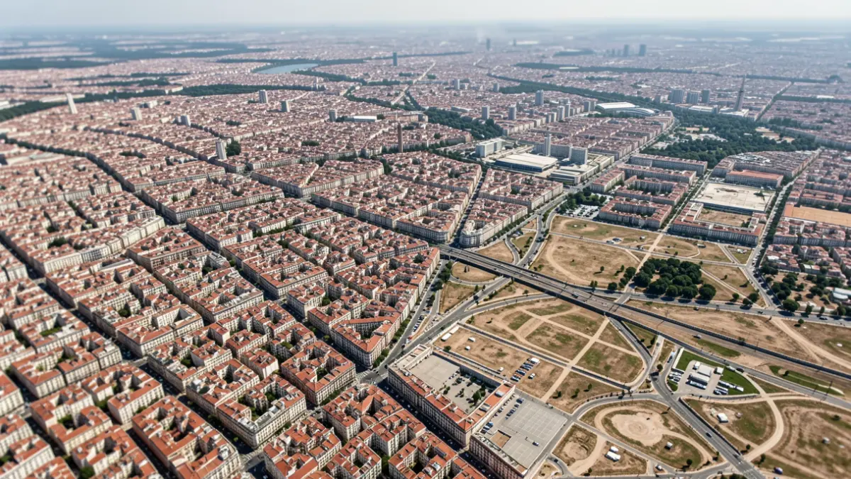 Aerial image of Madrid showing the distribution of public services and differences between neighborhoods.