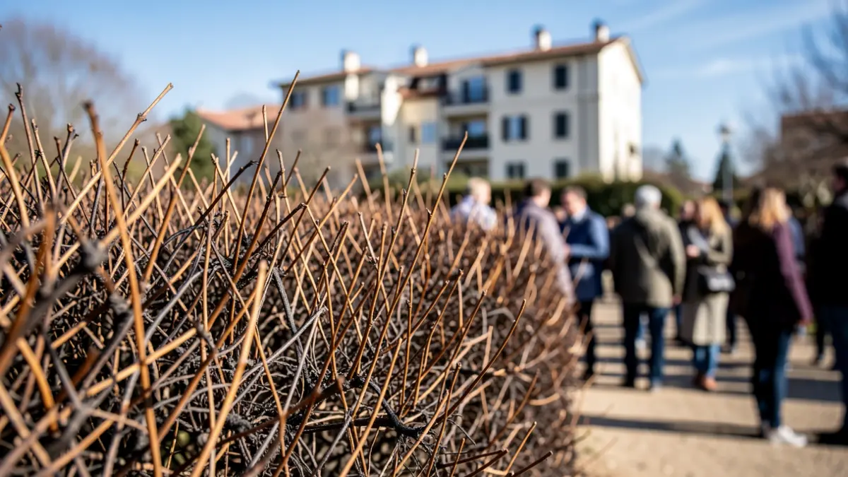 Close-up of a dry, flammable arizonica hedge with a blurred residential building in the background.