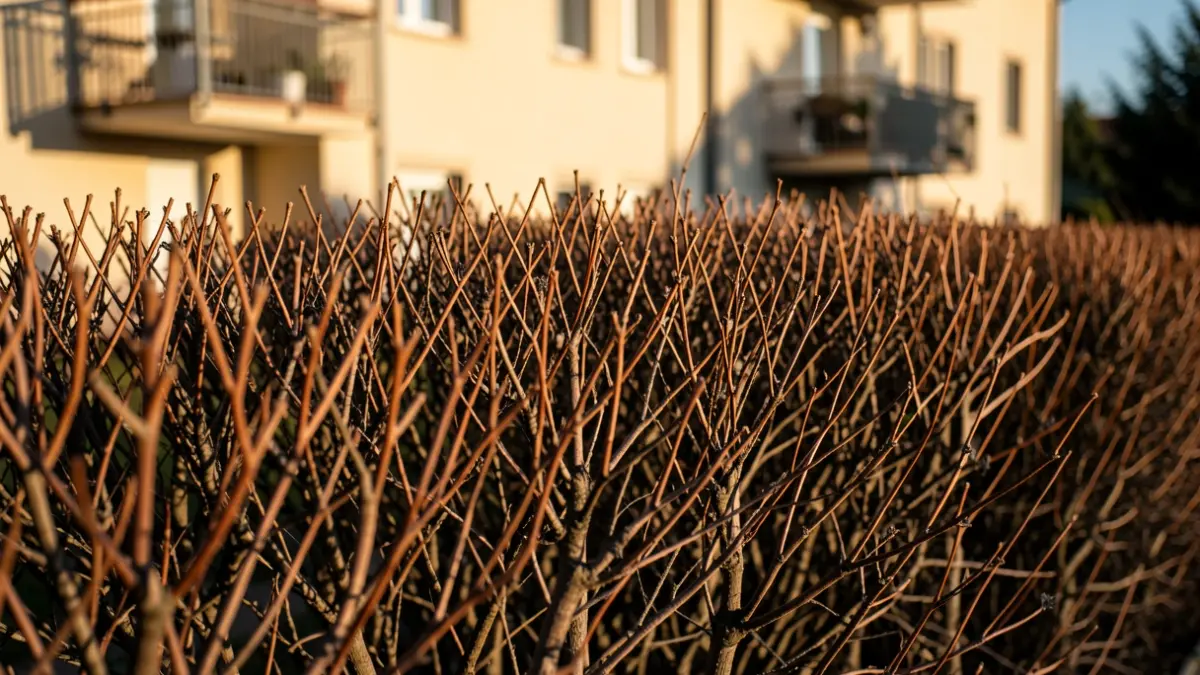 Dry and dangerous arizonica hedges near a residential building.
