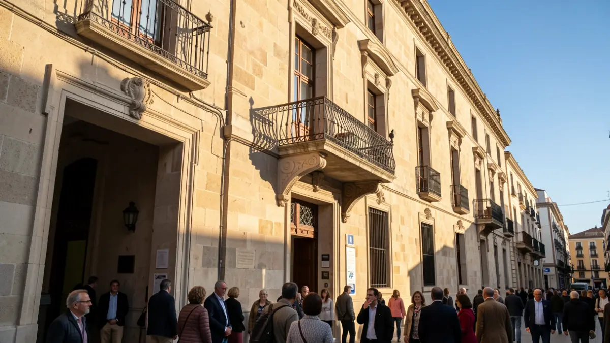 Stone facade of a la Comunidad de Madrid town hall with ornate balcony and iron railings, warm afternoon sunlight casting shadows on the sandstone walls, blue sky.