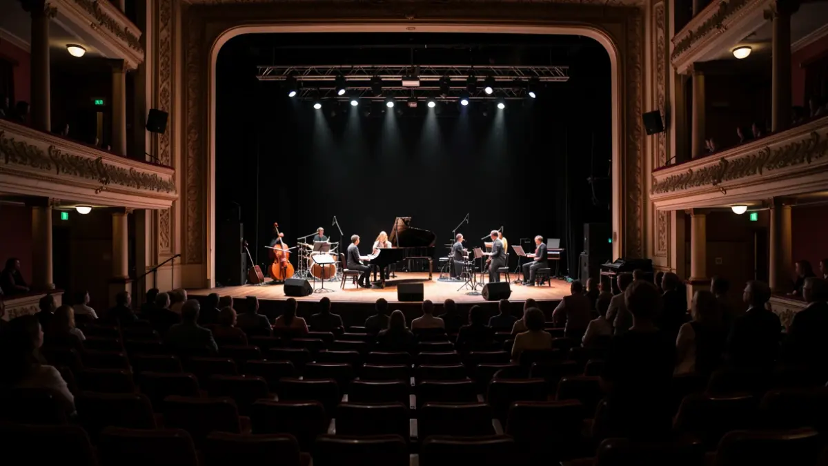 Image of the interior of Teatros del Canal at night, with the stage lit and empty seats.