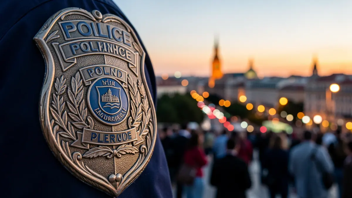 Madrid Municipal Police badge with the city skyline at dusk.