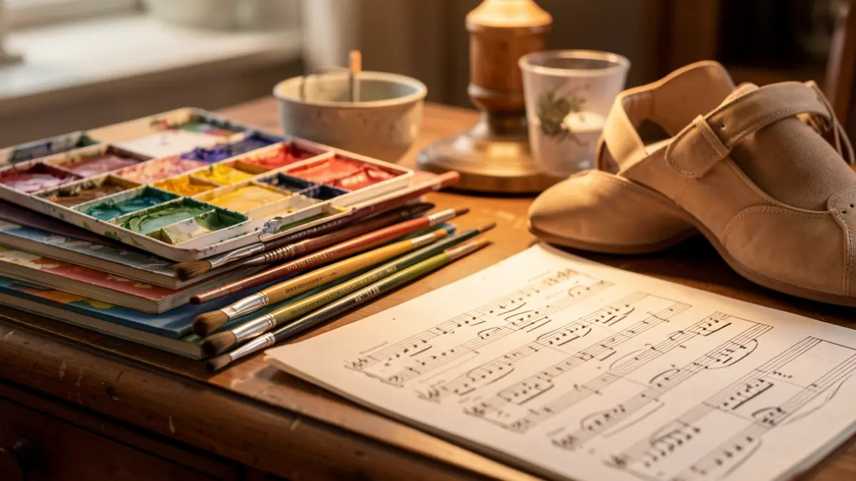 Close-up of art supplies, music scores, and dance shoes on a wooden desk.
