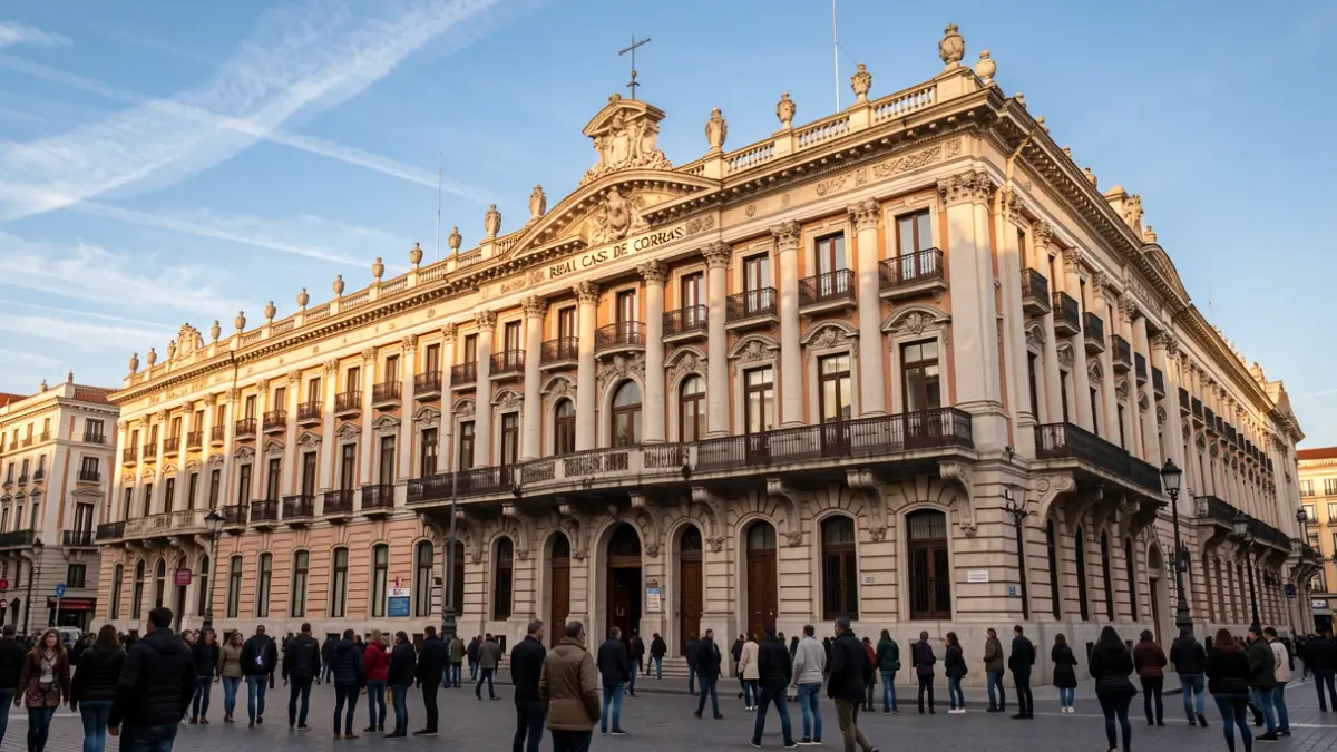Facade of the historic Real Casa de Correos building in Madrid under sunlight.