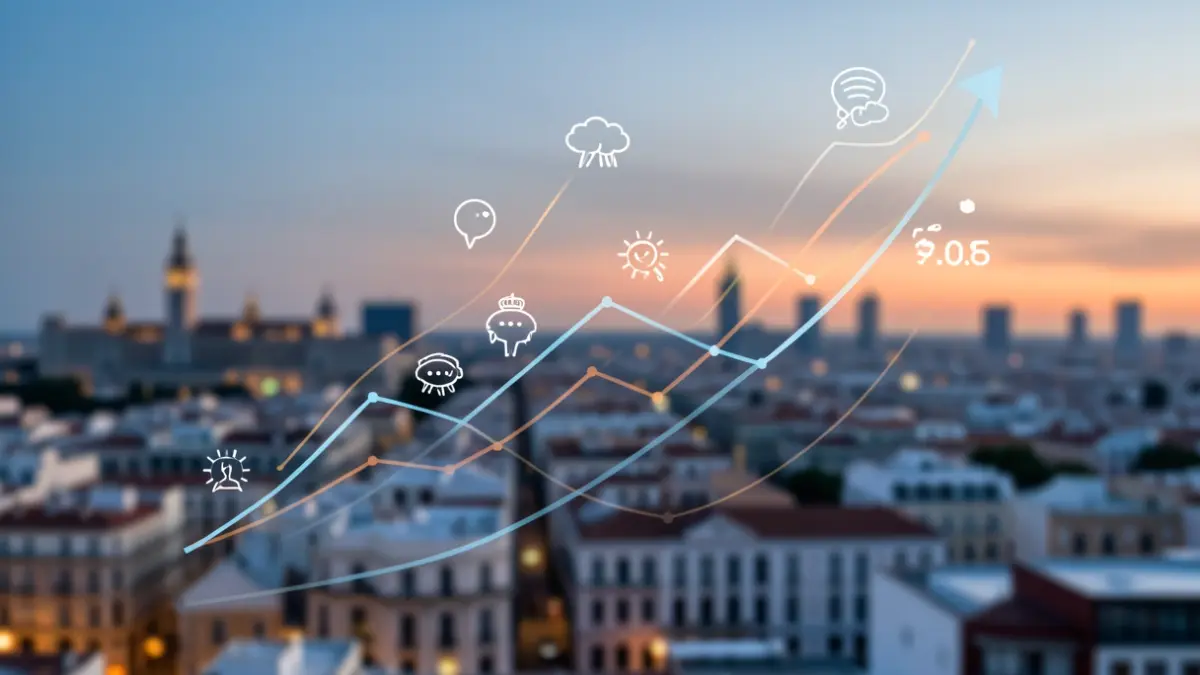 Gráfico abstracto de crecimiento poblacional en la Comunidad de Madrid con silueta urbana al atardecer.