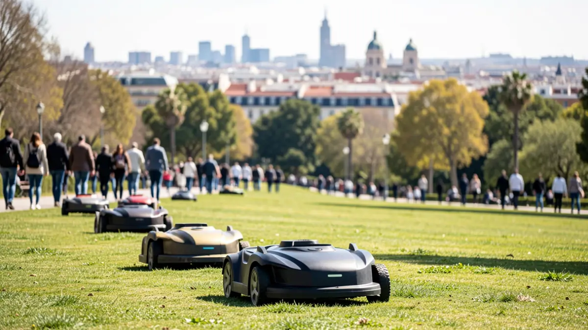 Autonomous electric lawnmowers working on a grassy slope in a large urban park in Madrid.