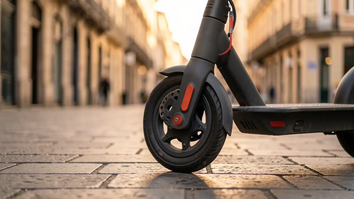 Generic image of an electric scooter wheel on a Madrid sidewalk at dusk.