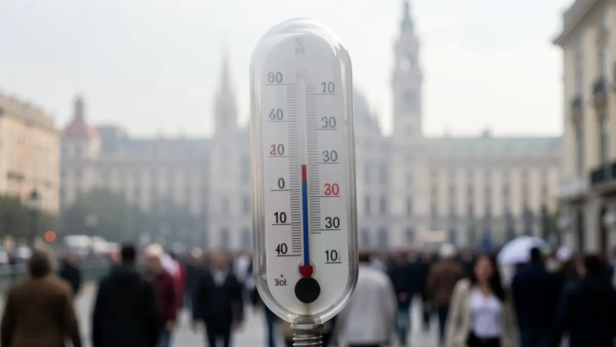 Thermometer showing high temperature with the Madrid skyline in the background.