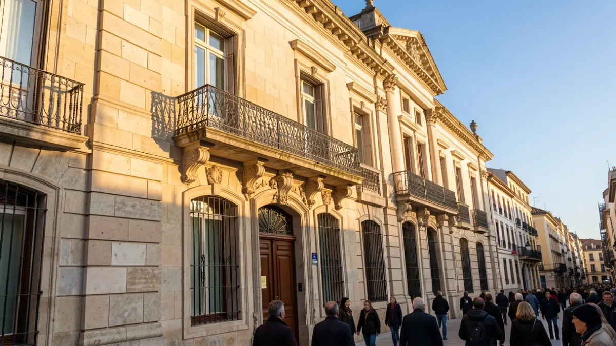 Facade of a town hall in the Community of Madrid with a balcony and iron railings, afternoon sunlight.